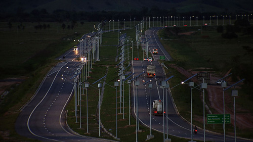 Kyocera's solar lights on the Arco Metropolitano at night